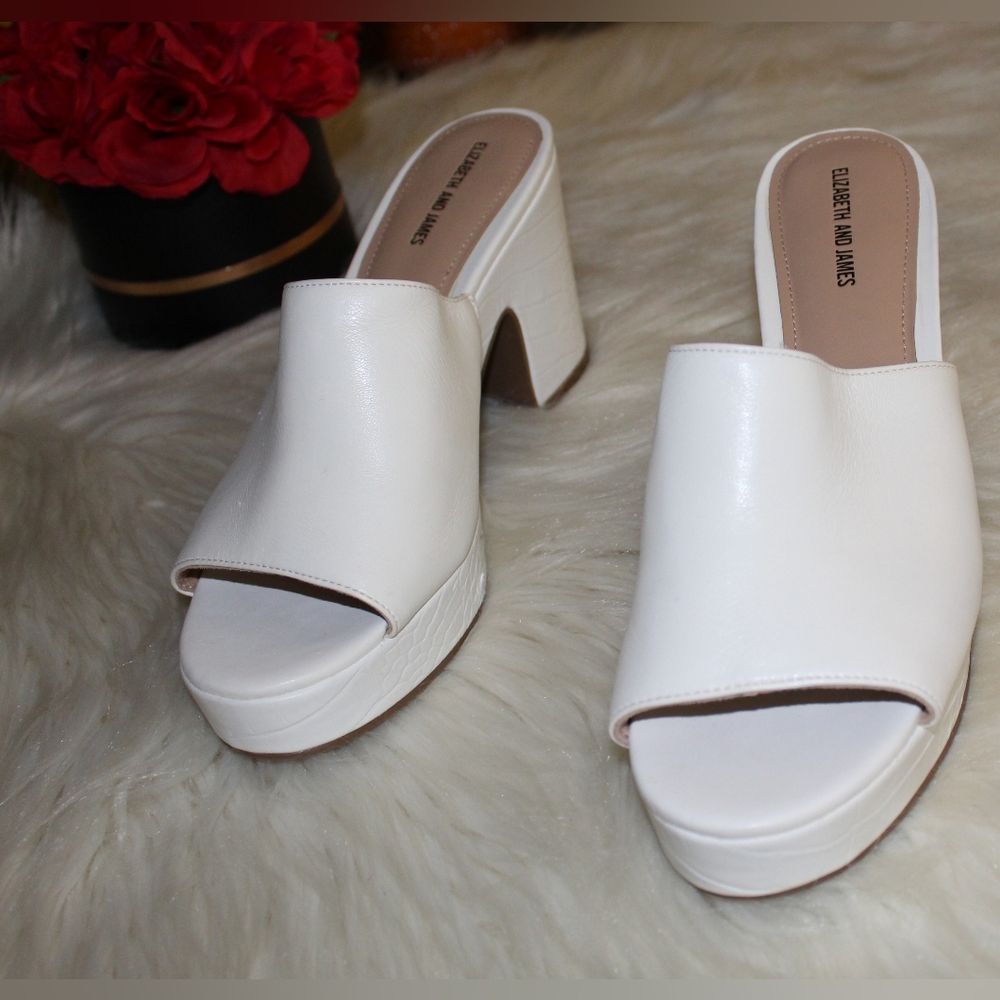 Elizabeth & James Chic White Faux Leather Open Toe Platform Clogs Mules Heels - Picture 8 of 16